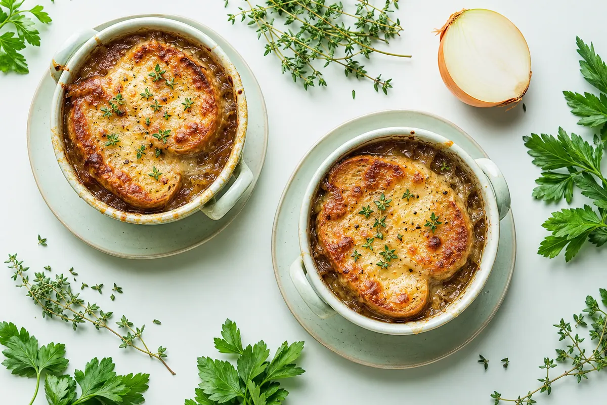 Franse uiensoep zonder vlees: soupe à l'oignon gratinée