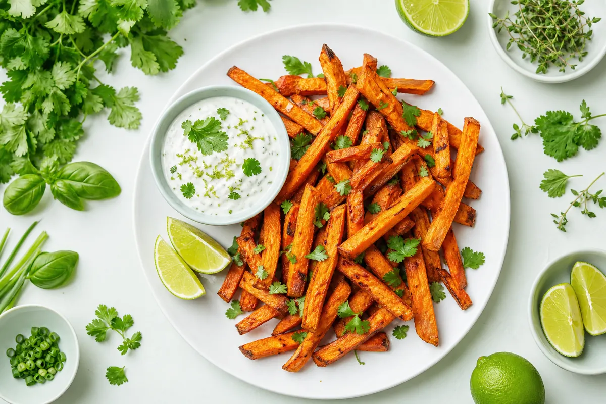 Zoete-aardappelfriet uit de airfryer met limoen-yoghurtdip